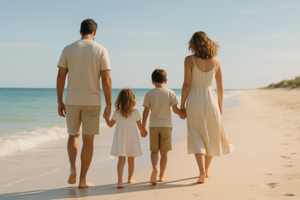 Wide horizontal photo of a family walking together along a bright sunny beach in the daytime, clear blue sky, cheerful a