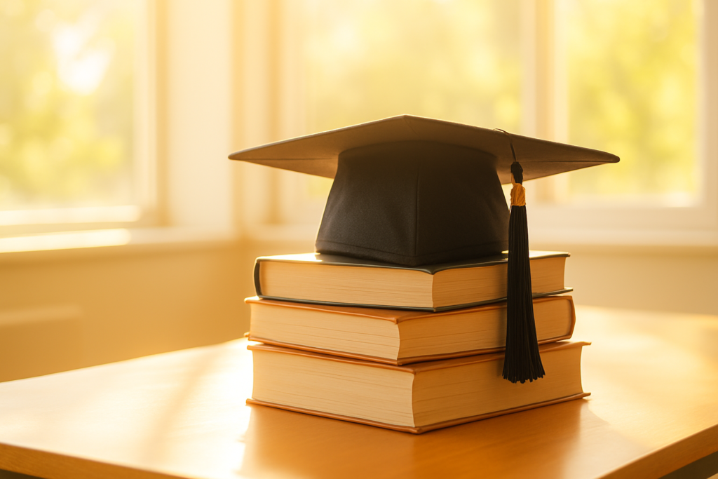 Wide horizontal photo of a graduation cap resting on a stack of books on a sunlit desk, bright cheerful light, no people
