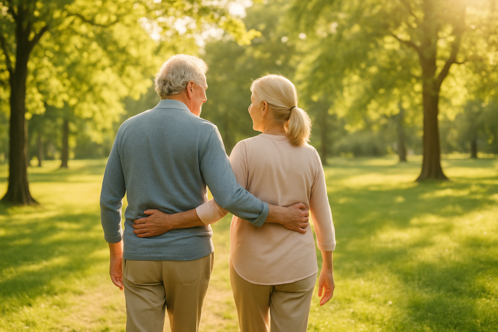 Wide horizontal photo of a man and a woman walking together through a bright sunlit park, cheerful retirement-age couple