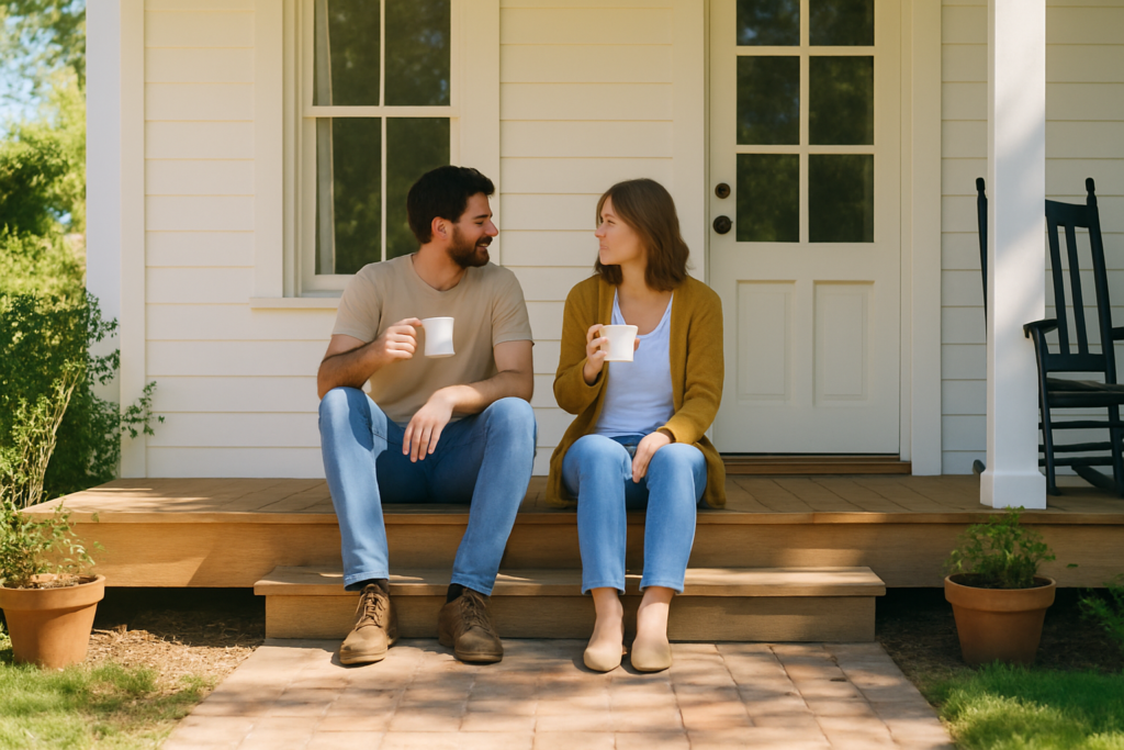 Wide horizontal photo of a man and a woman sitting together on a porch enjoying morning coffee, bright cheerful daylight