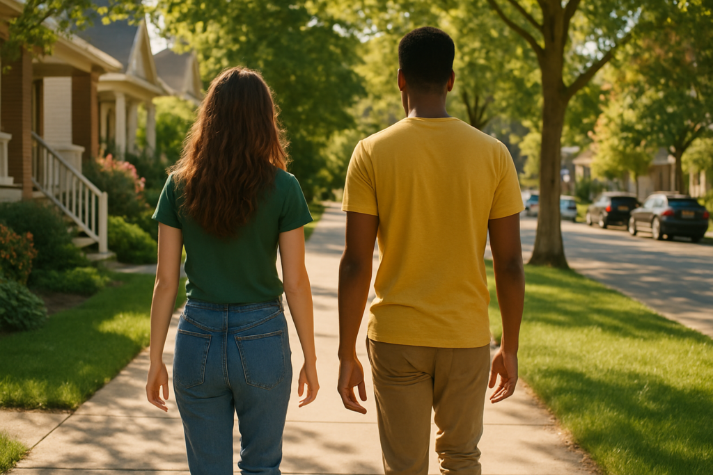 Wide horizontal photo of a man and a woman walking together side by side on a bright sunny sidewalk in a pleasant neighb