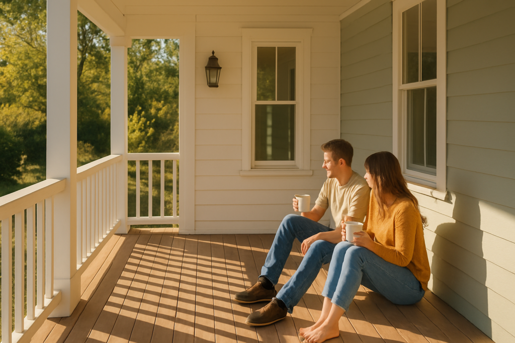 Wide horizontal photo of a man and a woman sitting together on a porch enjoying morning coffee, bright cheerful daylight