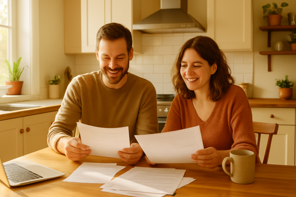 Wide horizontal photo of a man and a woman reviewing paperwork together at a bright sunlit kitchen table, cheerful warm