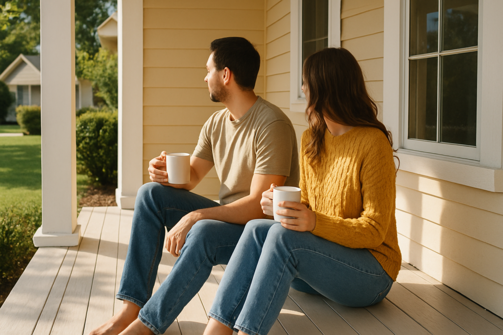 Wide horizontal photo of a man and a woman sitting together on a porch enjoying morning coffee, bright cheerful daylight