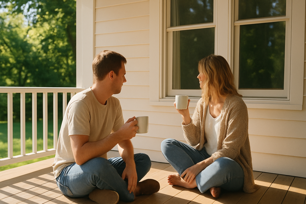 Wide horizontal photo of a man and a woman sitting together on a porch enjoying morning coffee, bright cheerful daylight