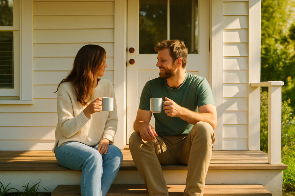 Wide horizontal photo of a man and a woman sitting together on a porch enjoying morning coffee, bright cheerful daylight