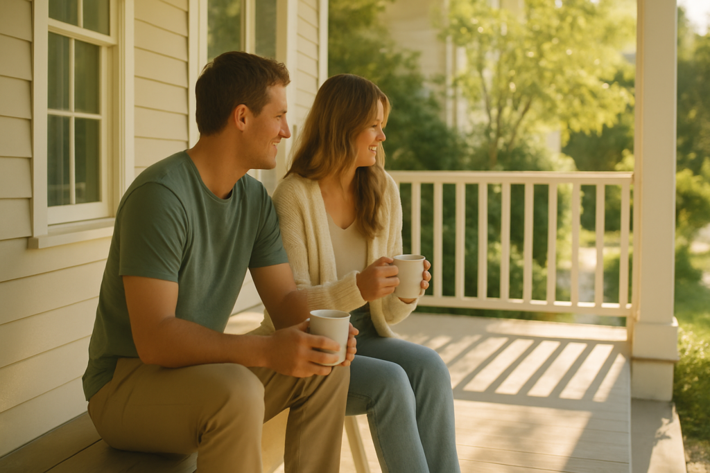 Wide horizontal photo of a man and a woman sitting together on a porch enjoying morning coffee, bright cheerful daylight