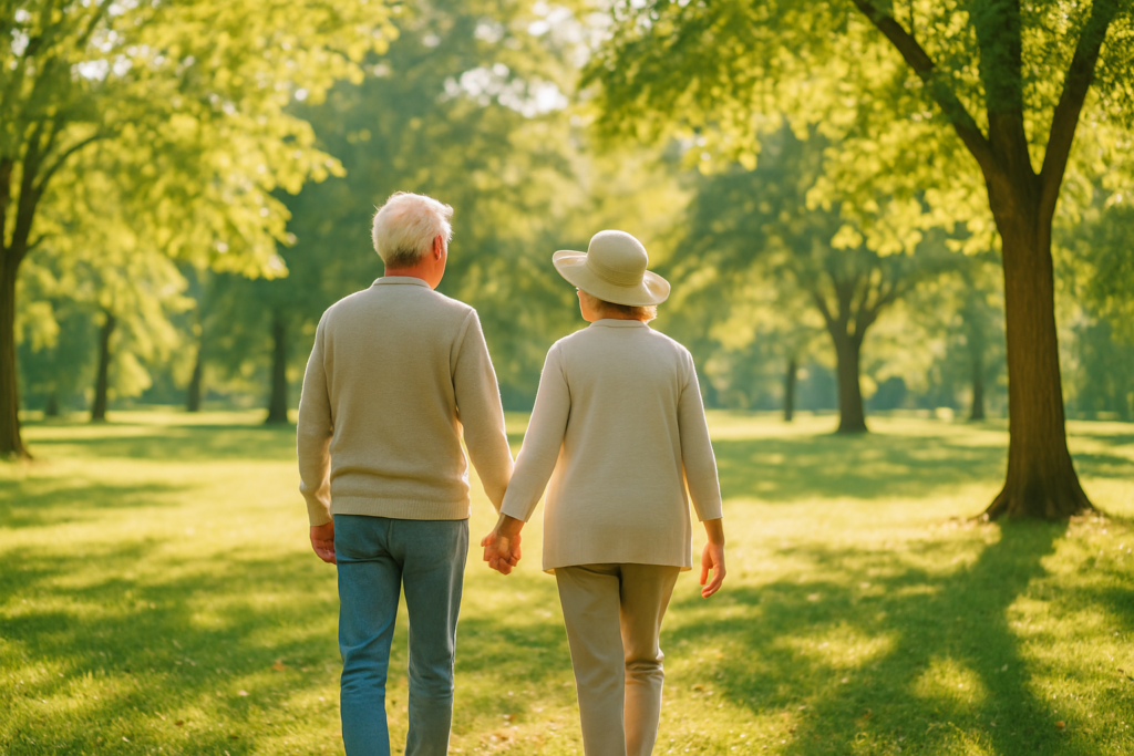 Wide horizontal photo of a man and a woman walking together through a bright sunlit park, cheerful retirement-age couple