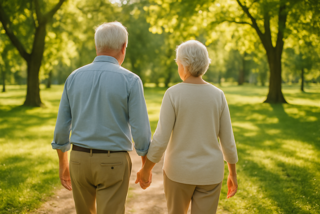 Wide horizontal photo of a man and a woman walking together through a bright sunlit park, cheerful retirement-age couple