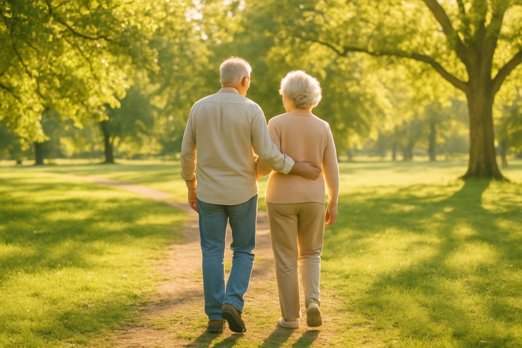 Wide horizontal photo of a man and a woman walking together through a bright sunlit park, cheerful retirement-age couple