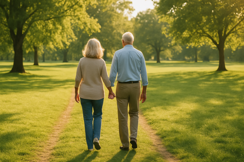 Wide horizontal photo of a man and a woman walking together through a bright sunlit park, cheerful retirement-age couple