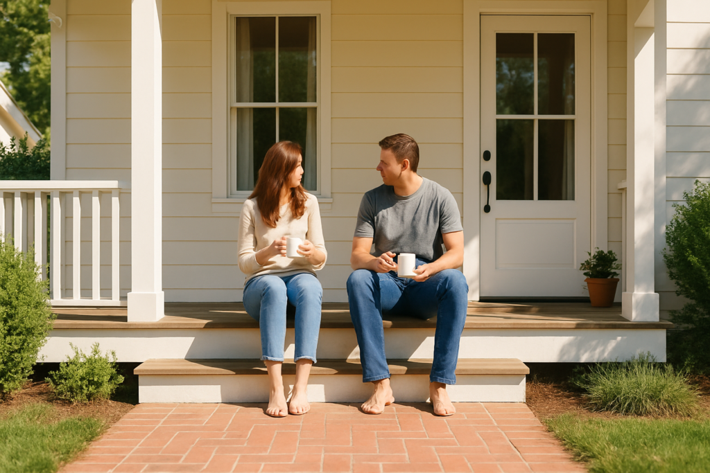 Wide horizontal photo of a man and a woman sitting together on a porch enjoying morning coffee, bright cheerful daylight