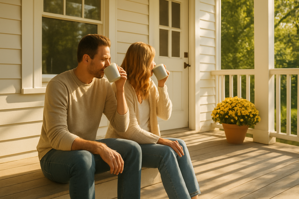 Wide horizontal photo of a man and a woman sitting together on a porch enjoying morning coffee, bright cheerful daylight
