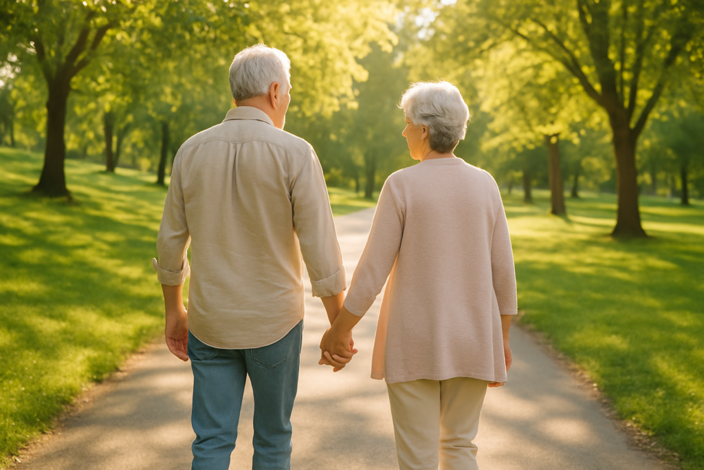 Wide horizontal photo of a man and a woman walking together through a bright sunlit park, cheerful retirement-age couple