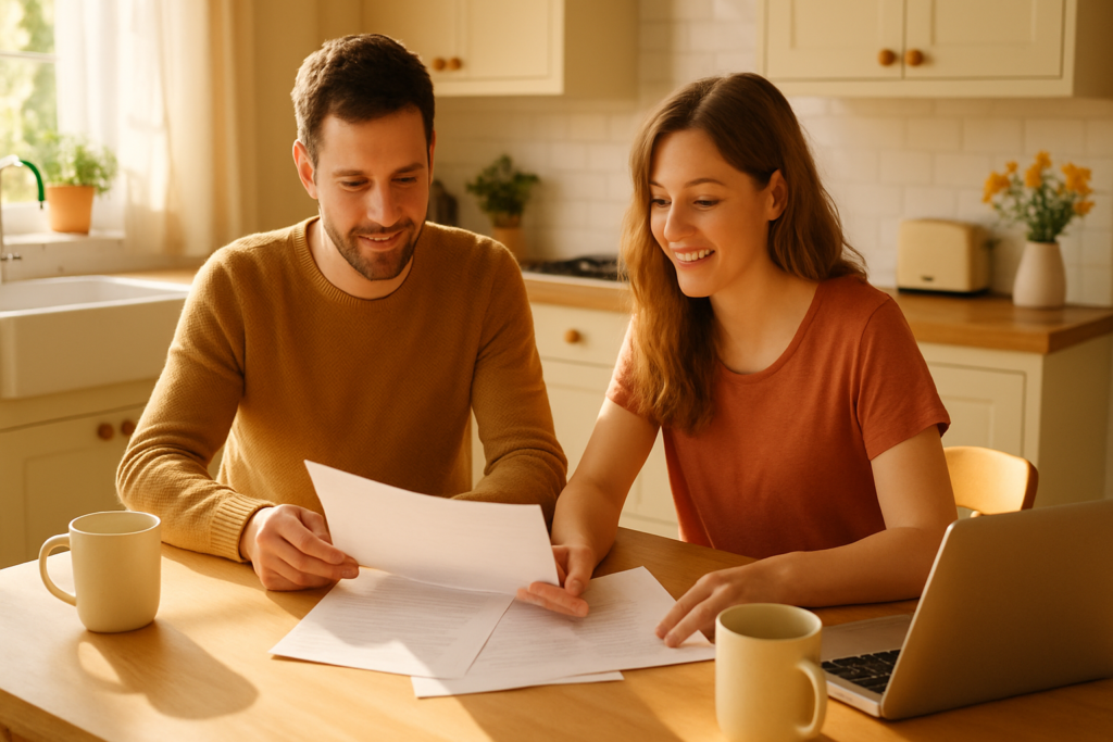 Wide horizontal photo of a man and a woman reviewing paperwork together at a bright sunlit kitchen table, cheerful warm