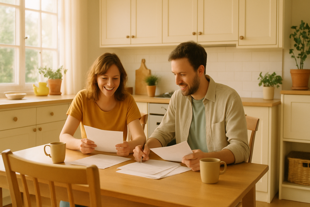 Wide horizontal photo of a man and a woman reviewing paperwork together at a bright sunlit kitchen table, cheerful warm