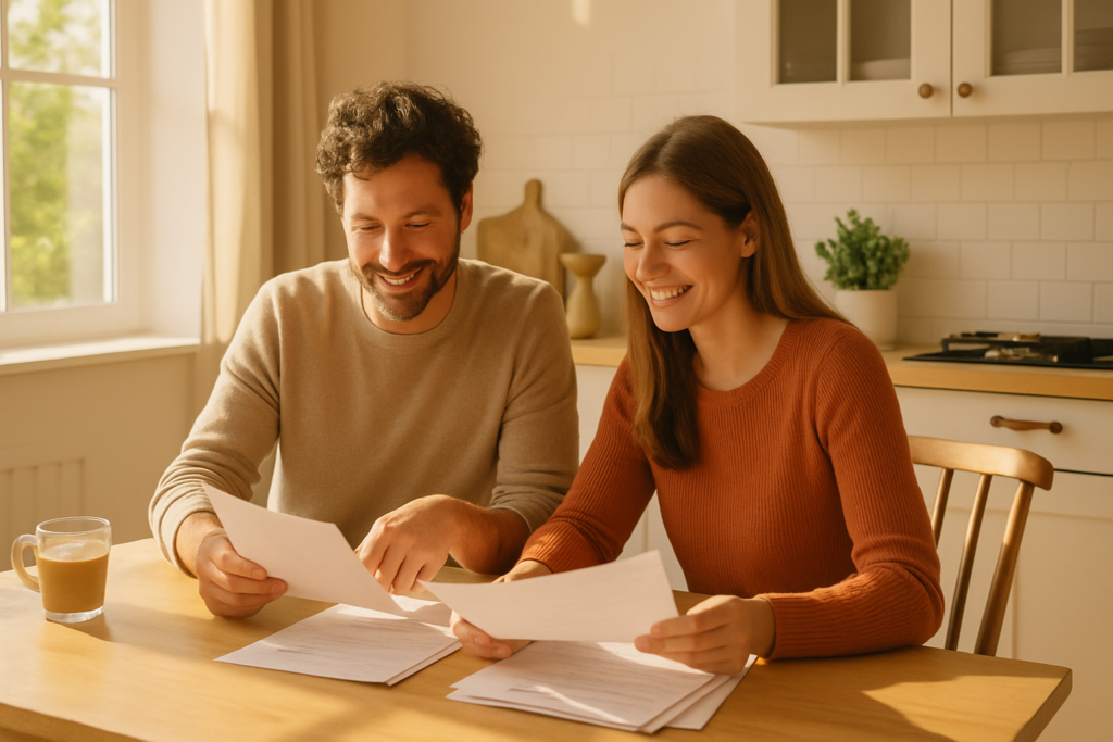 Wide horizontal photo of a man and a woman reviewing paperwork together at a bright sunlit kitchen table, cheerful warm