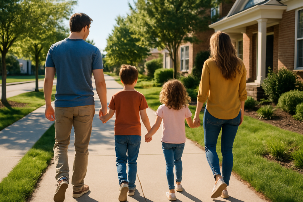 Wide horizontal photo of a man and a woman with two children walking together on a bright sunny sidewalk near their home