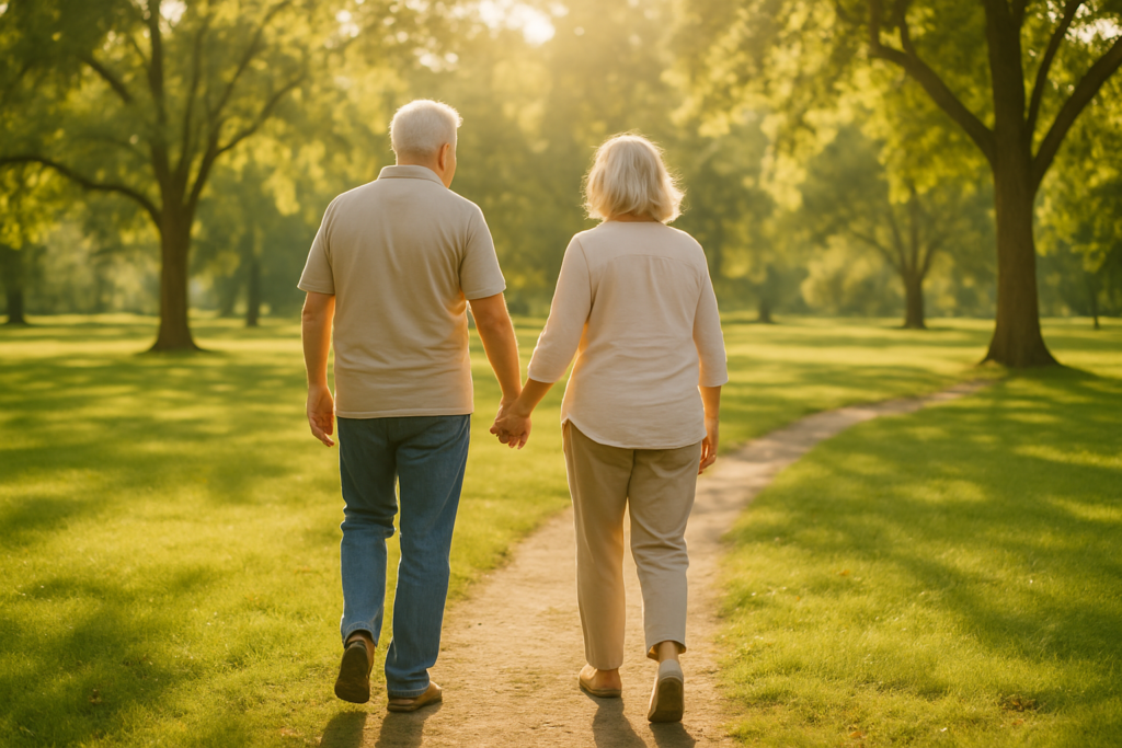 Wide horizontal photo of a man and a woman walking together through a bright sunlit park, cheerful retirement-age couple