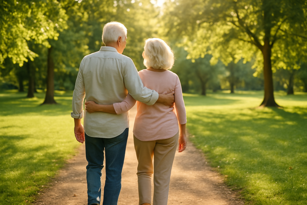 Wide horizontal photo of a man and a woman walking together through a bright sunlit park, cheerful retirement-age couple