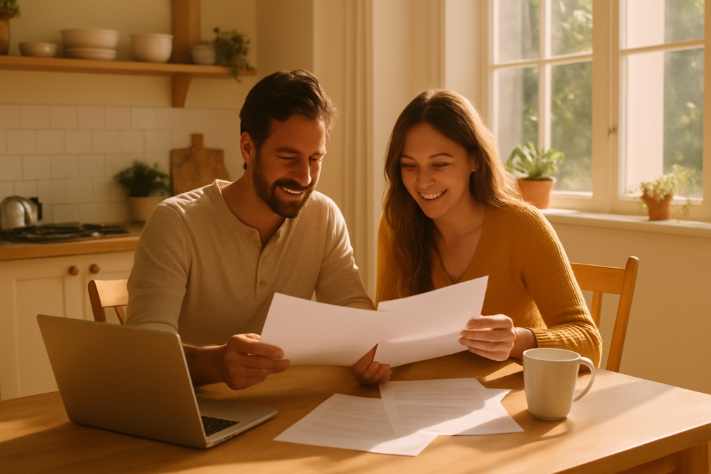 Wide horizontal photo of a man and a woman reviewing paperwork together at a bright sunlit kitchen table, cheerful warm