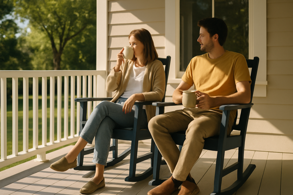 Wide horizontal photo of a man and a woman sitting together on a porch enjoying morning coffee, bright cheerful daylight