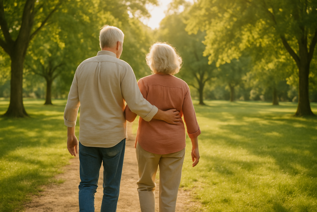 Wide horizontal photo of a man and a woman walking together through a bright sunlit park, cheerful retirement-age couple