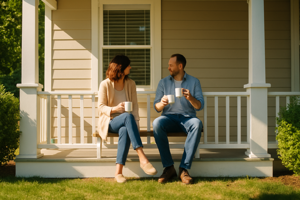 Wide horizontal photo of a man and a woman sitting together on a porch enjoying morning coffee, bright cheerful daylight