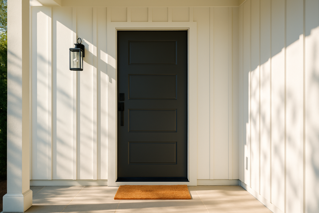 Wide horizontal photo of a modern front door with a small welcome mat on a sunlit porch, bright cheerful daylight, no pe