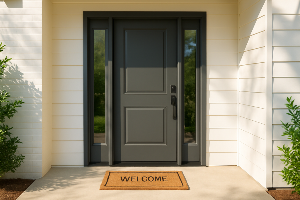 Wide horizontal photo of a modern front door with a small welcome mat on a sunlit porch, bright cheerful daylight, no pe