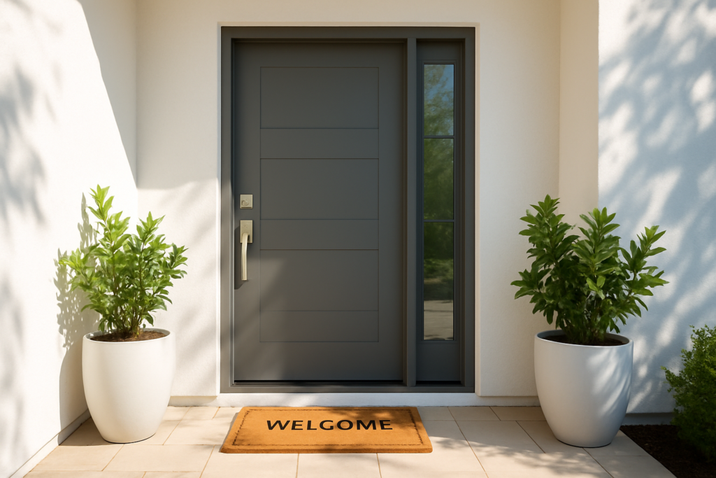Wide horizontal photo of a modern front door with a small welcome mat on a sunlit porch, bright cheerful daylight, no pe
