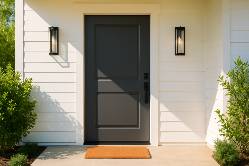 Wide horizontal photo of a modern front door with a small welcome mat on a sunlit porch, bright cheerful daylight, no pe
