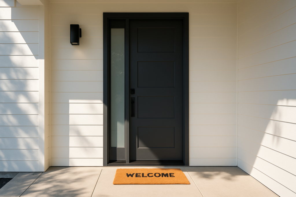 Wide horizontal photo of a modern front door with a small welcome mat on a sunlit porch, bright cheerful daylight, no pe