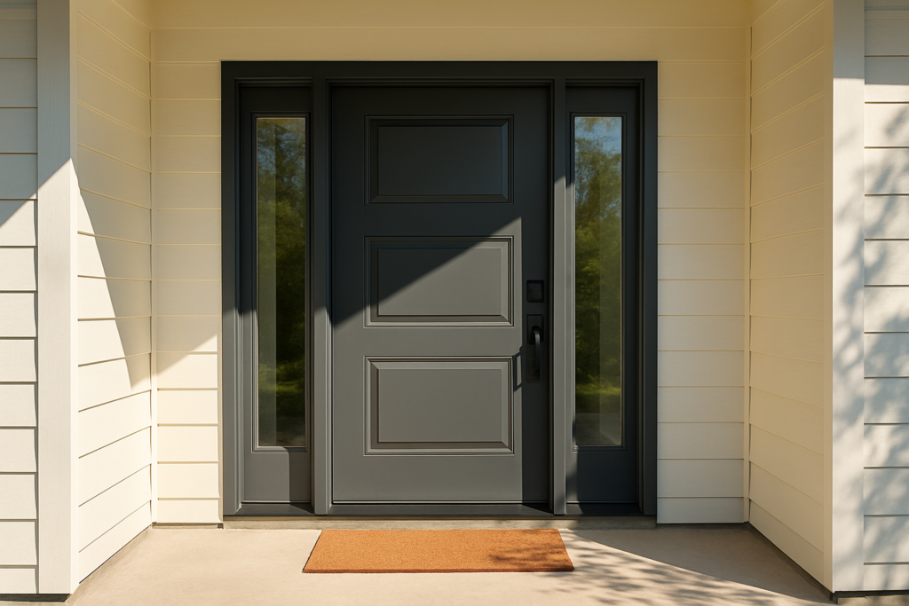Wide horizontal photo of a modern front door with a small welcome mat on a sunlit porch, bright cheerful daylight, no pe