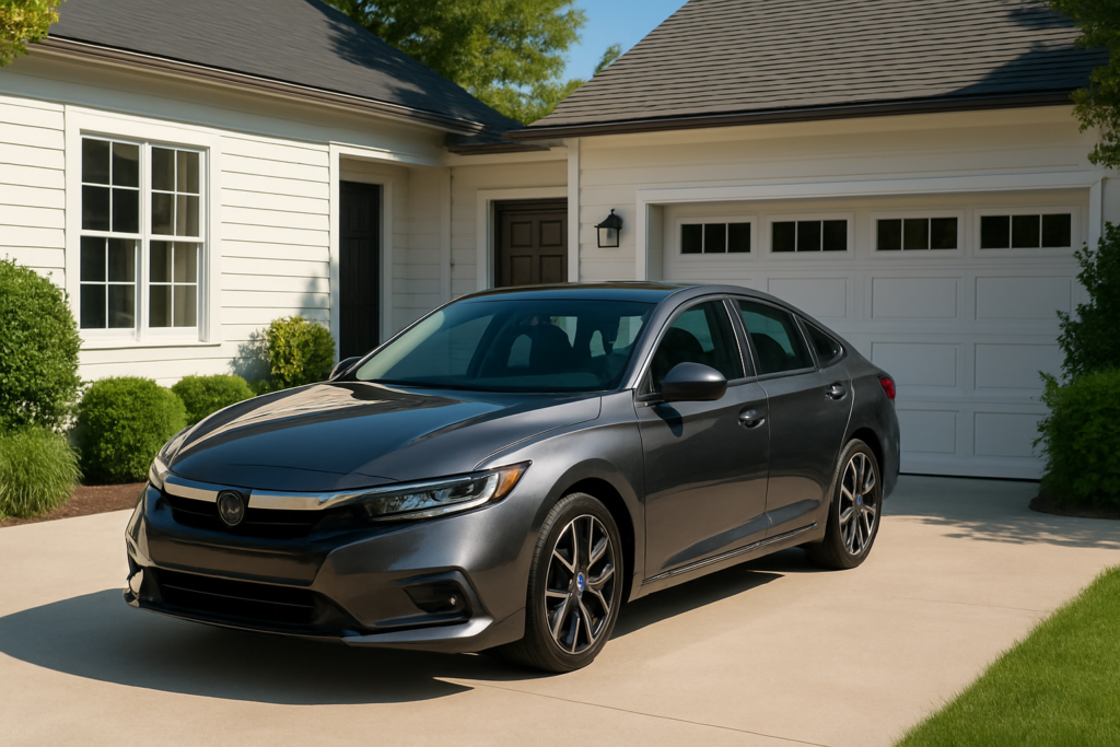 Wide horizontal photo of a modern, late-model sedan parked in a bright sunny driveway of an attractive home, clean dayli