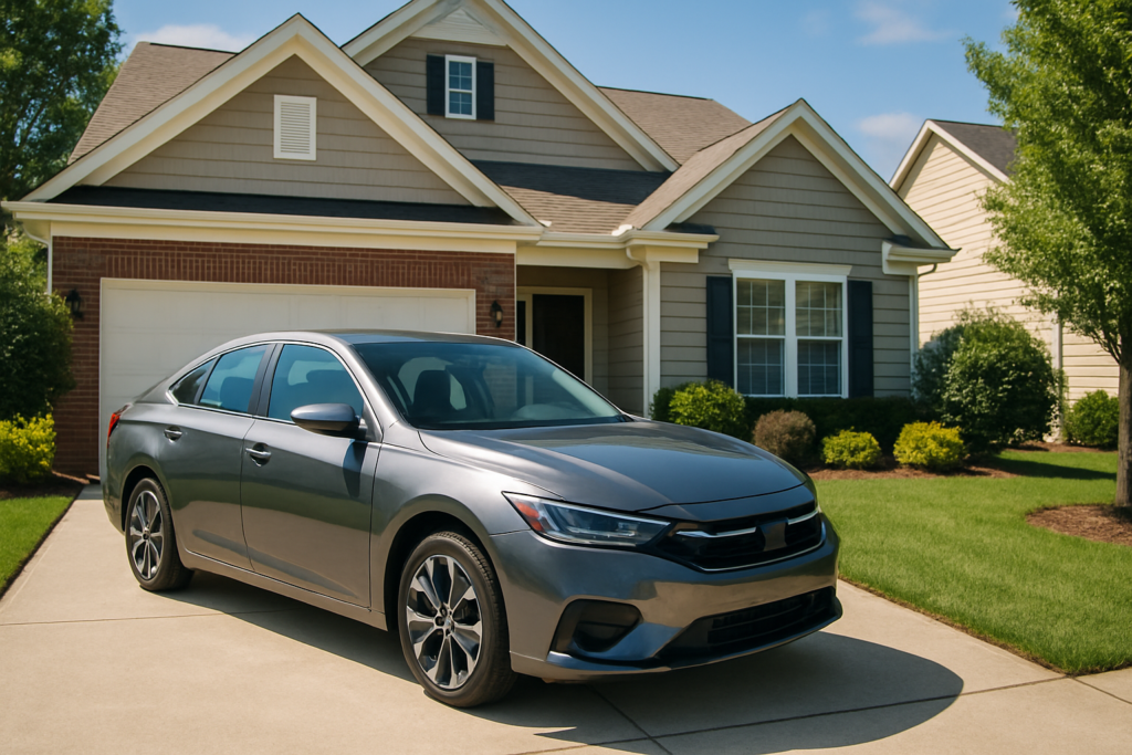 Wide horizontal photo of a modern, late-model sedan parked in the driveway of a well-kept, attractive suburban home, bri