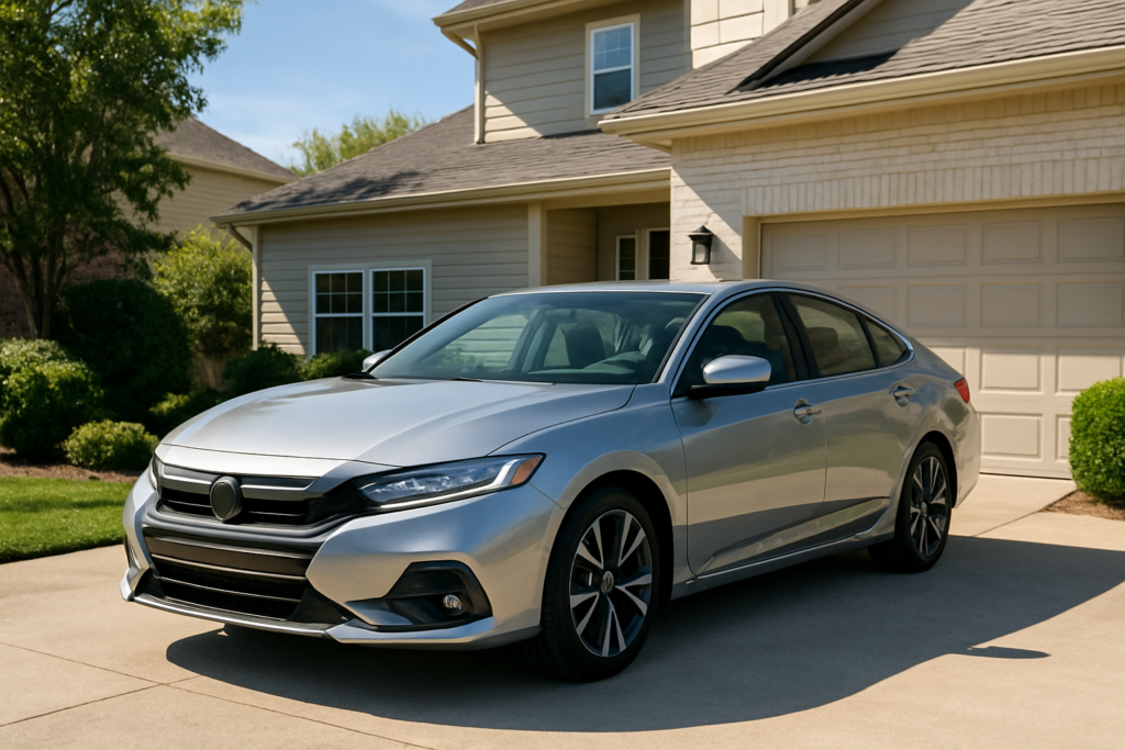 Wide horizontal photo of a modern, late-model sedan parked in a bright sunny driveway of an attractive home, clean dayli