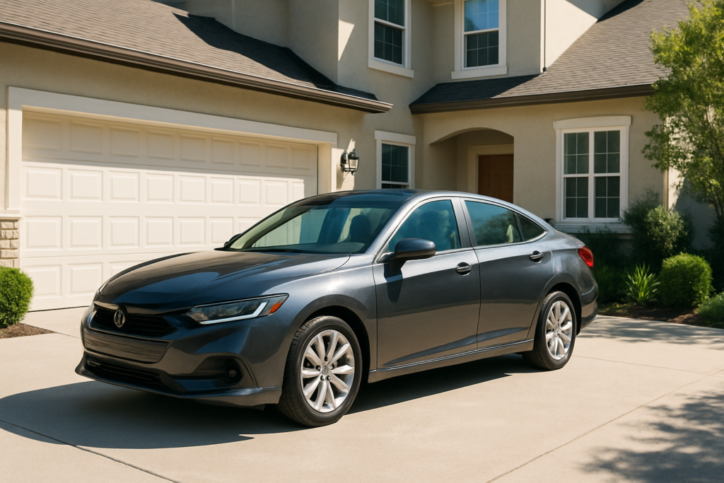 Wide horizontal photo of a modern, late-model sedan parked in a bright sunny driveway of an attractive home, clean dayli