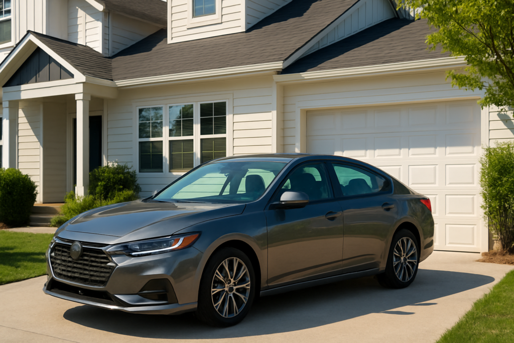 Wide horizontal photo of a modern, late-model sedan parked in a bright sunny driveway of an attractive home, clean dayli