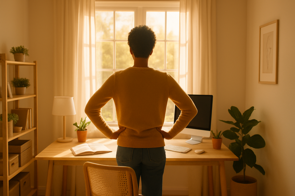 Wide horizontal photo of a person shown from behind standing confidently in a bright, tidy home office looking out a sun