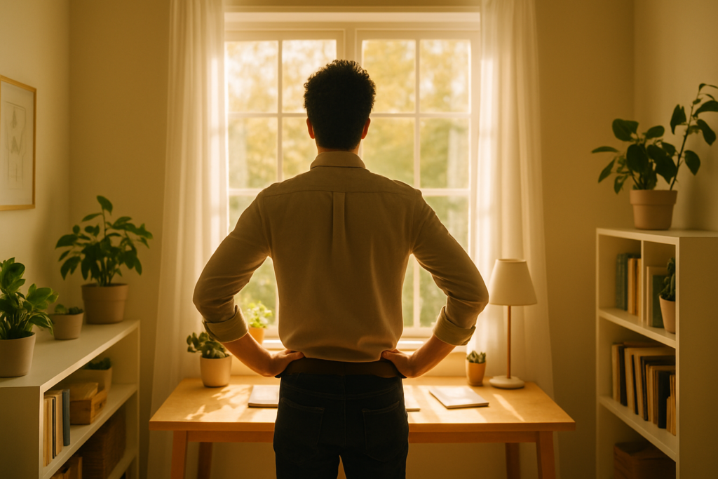 Wide horizontal photo of a person shown from behind standing confidently in a bright, tidy home office looking out a sun