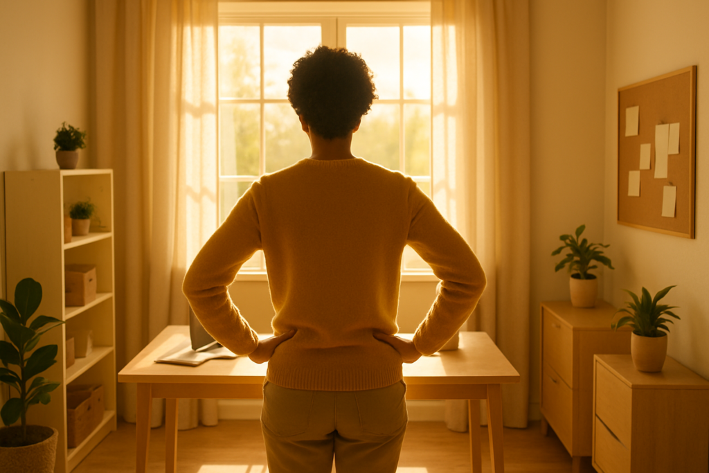 Wide horizontal photo of a person shown from behind standing confidently in a bright, tidy home office looking out a sun