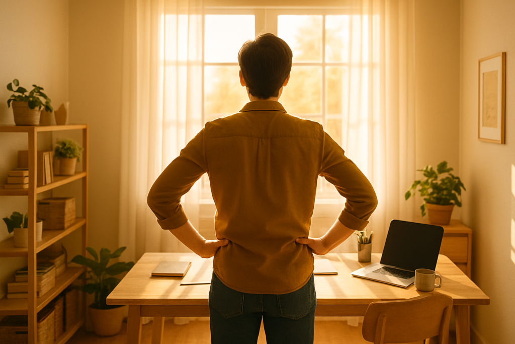 Wide horizontal photo of a person shown from behind standing confidently in a bright, tidy home office looking out a sun