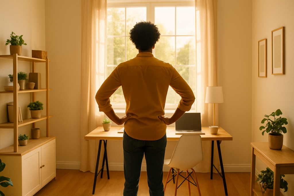 Wide horizontal photo of a person shown from behind standing confidently in a bright, tidy home office looking out a sun