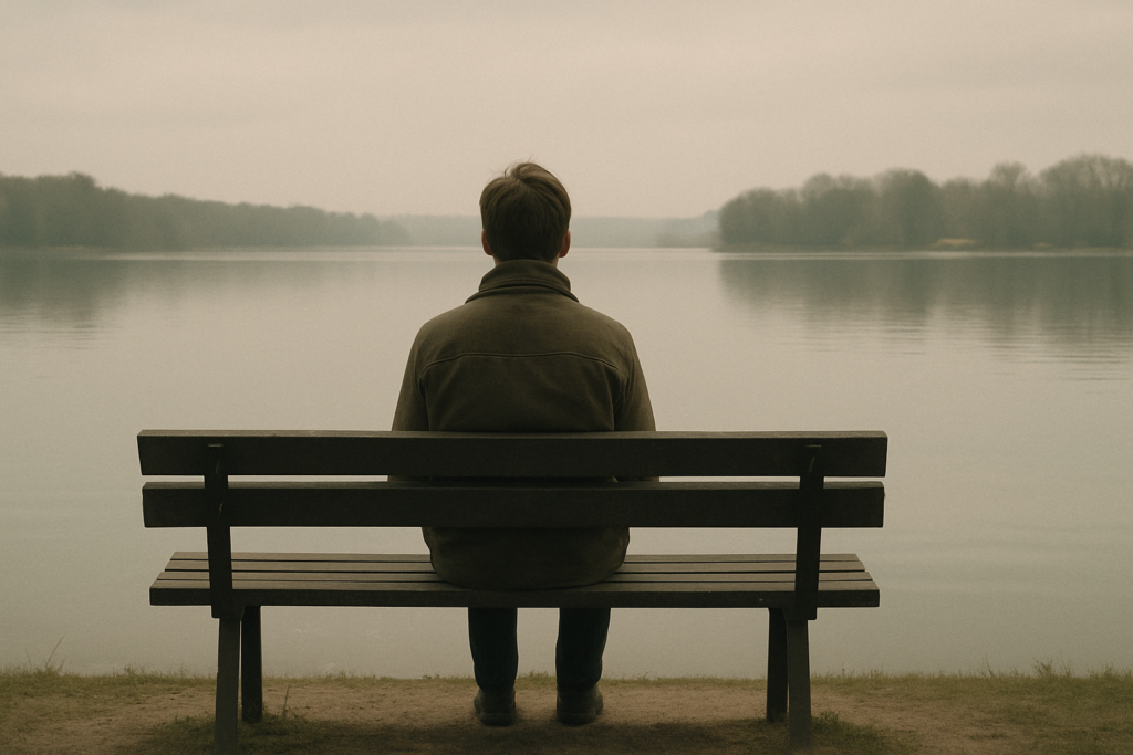 Wide horizontal photo of a single person shown from behind sitting on a bench facing a calm lake at a distance, muted co