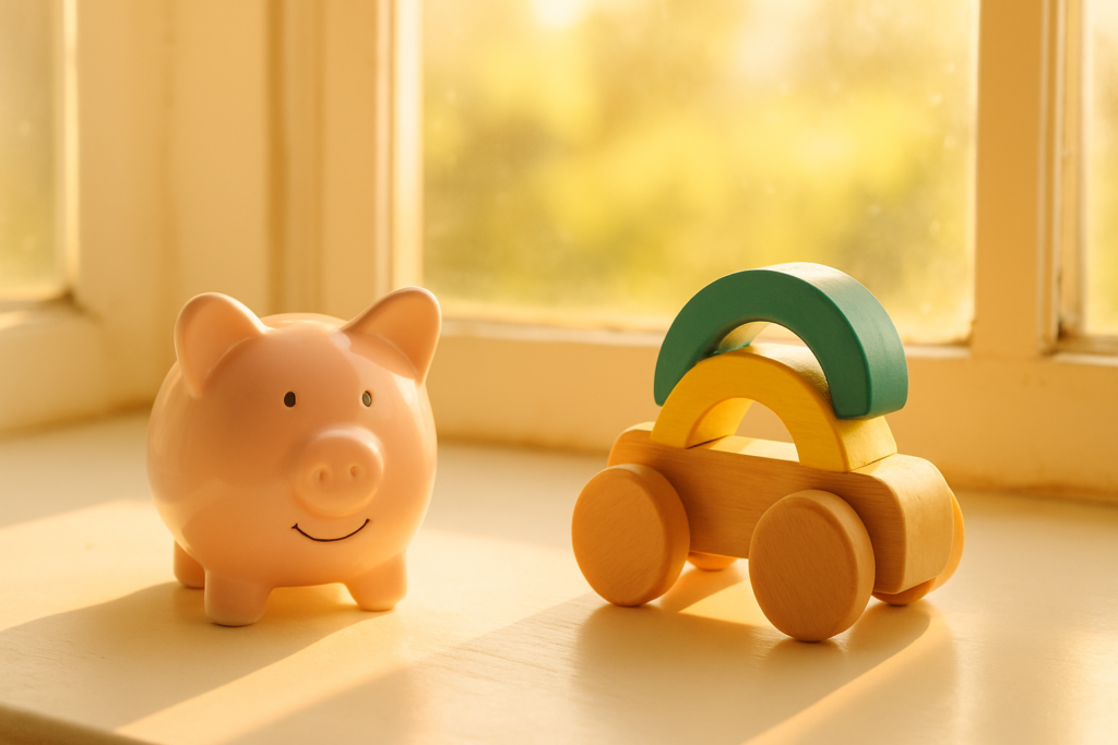 Wide horizontal photo of a small piggy bank next to a child's toy on a bright sunlit windowsill, cheerful warm light, no