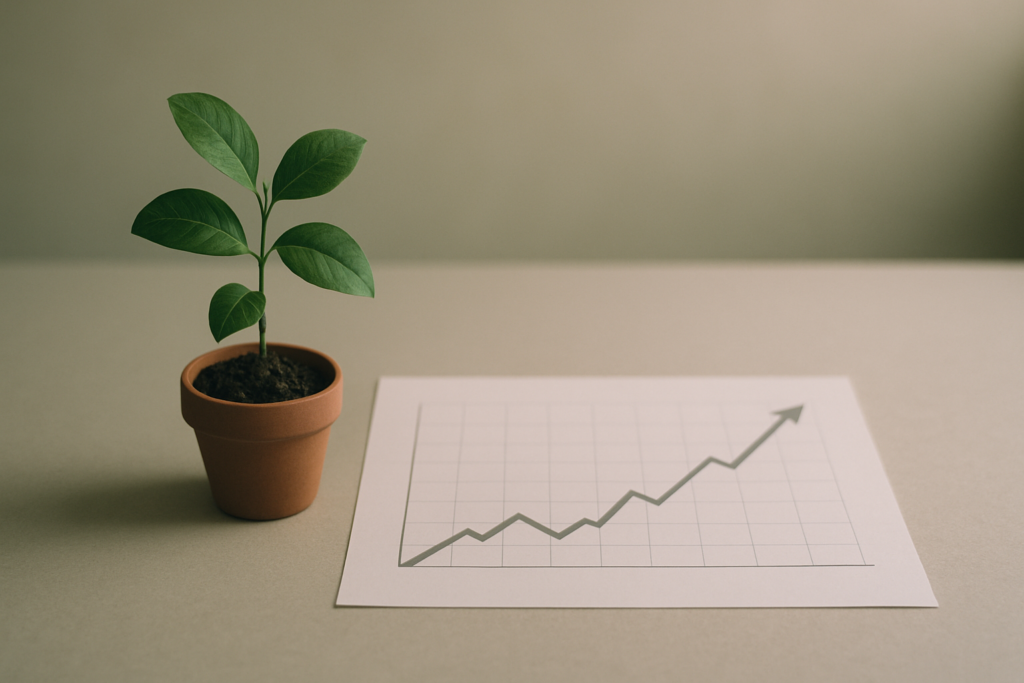 Wide horizontal photo of a small potted plant growing next to a printed line chart trending upward on a desk, soft light