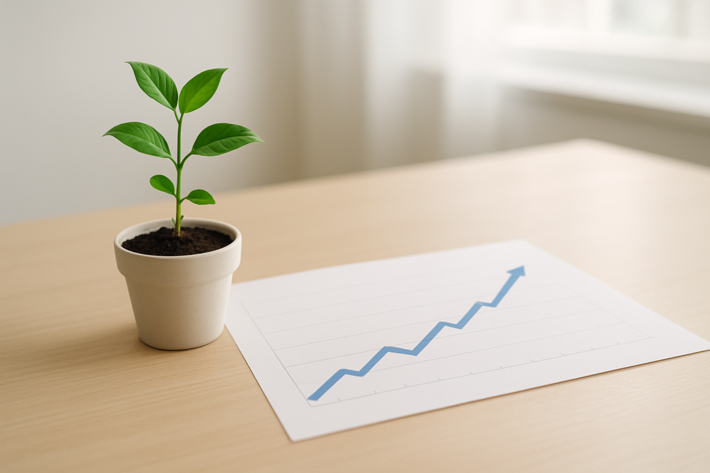 Wide horizontal photo of a small potted plant growing next to a printed line chart trending upward on a bright desk, sof