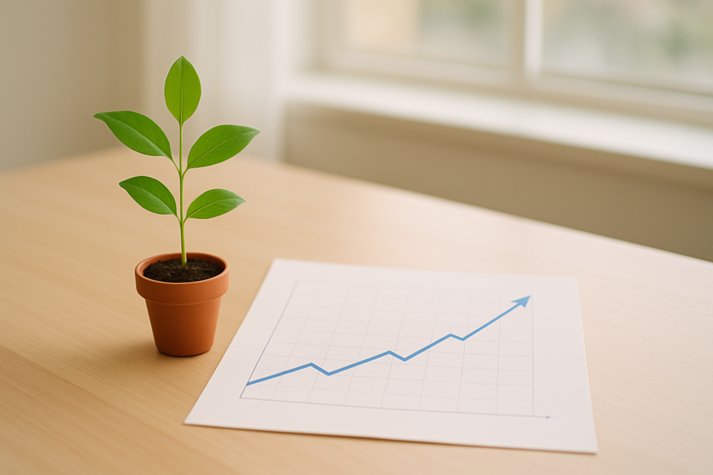 Wide horizontal photo of a small potted plant growing next to a printed line chart trending upward on a bright desk, sof
