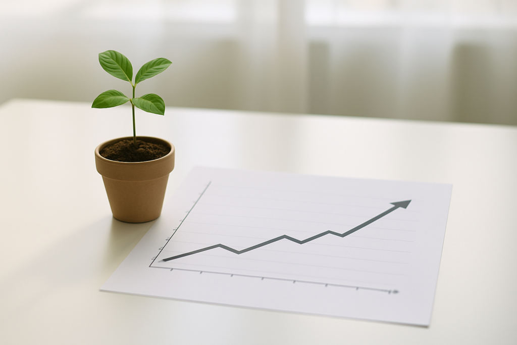 Wide horizontal photo of a small potted plant growing next to a printed line chart trending upward on a bright desk, sof